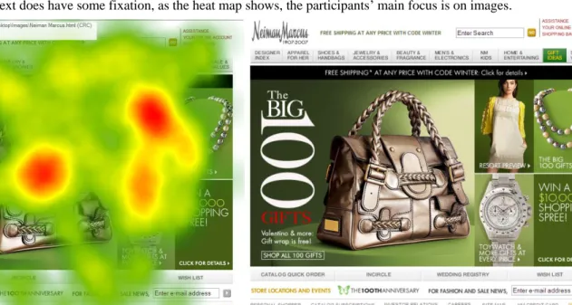 Figure 1: Heat map for Neiman Marcus web page.  Users fixated a great deal on the large central picture and the person  on the right