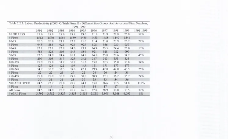 Table 2.2.2: Labour Productivity (£000) Of Irish Firms By Different Size Groups And Associated Firm Numbers,