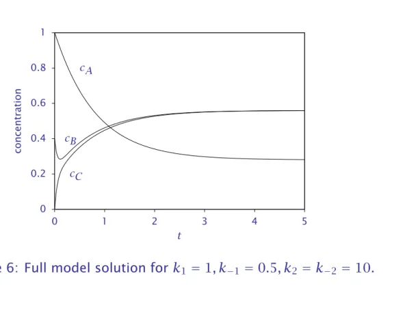 Figure 6: Full model solution for k 1 = 1, k −1 = 0.5, k 2 = k −2 = 10.