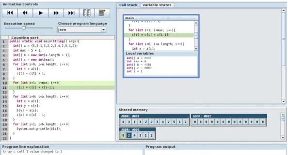 Figure 2.8: A screenshot of the ViLLE visualization tool. On the left is the primary code visualization where the next and the previously executed lines are highlighted.