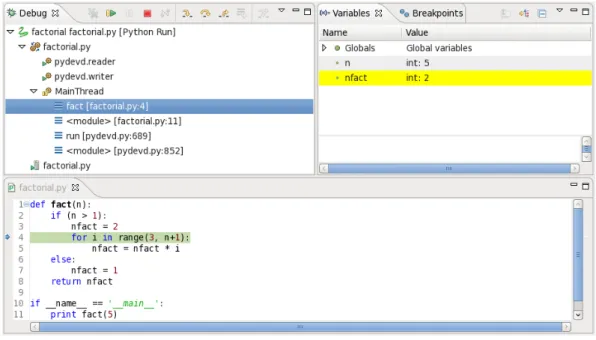 Figure 2.9: A Pydev debugging session in Eclipse. On the left we have representations of the execution threads