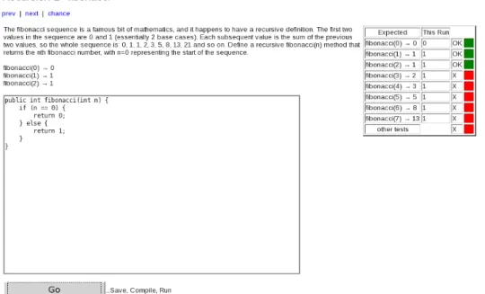 Figure 3.3: A screenshot of the JavaBat site. On the right is the feedback for this submission.