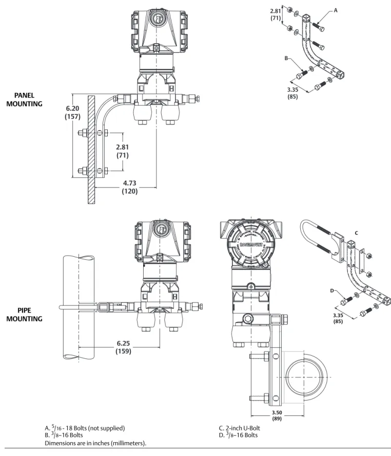 Figure 5. Coplanar Flange Mounting Configurations with Optional Bracket (B4) for 2-in