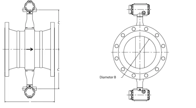 Figure 6. Vortex Dual-Sensor Style Flowmeter (6- through 12-in./150 mm through 300 mm Line Sizes)