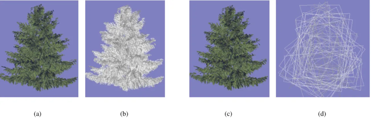 Figure 1: Spruce tree before and after transition. (a) Shaded base mesh (20610 triangles), 60 FPS