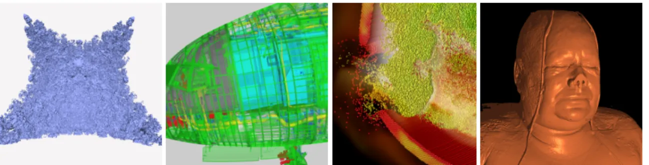 Figure 1: Images generated using interactive ray tracing. From left to right, time step 225 of a Richtmyer-Meshkov instability simulation from Lawrence Livermore National Labs (Image courtesy of Aaron Knoll), Boeing 777 (Data courtesy The Boeing Company), 
