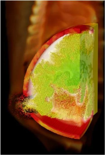 Figure 11: Image of C-SAFE data. The container is composed of 2.8 million particles represented as spheres and color-mapped by  temper-ature