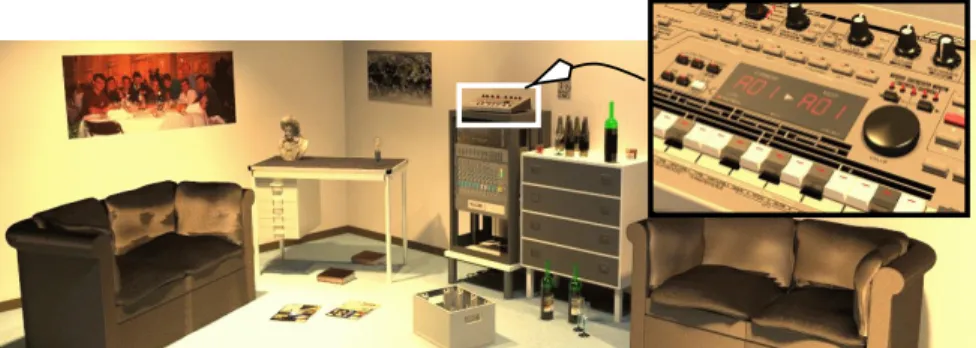 Fig. 1 Clusters of small objects, such as the synthesiser enlarged in the inset, may be fetched at a lower resolution for the chosen viewpoint.