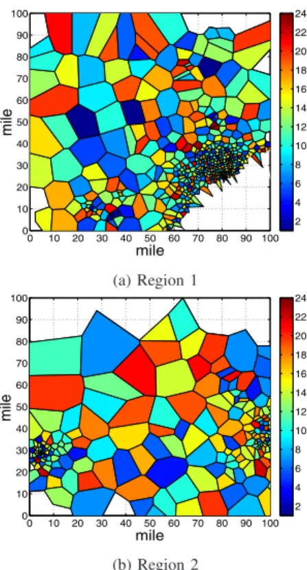 Fig. 14. Peak hour of each cell in a single day in two geographically separated regions