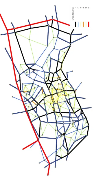 Figure 8.2: Representation of the network in a GIS environment. Link types: 1 signalized link, 2non-signalized link, 3 connector, 4 parking link, 5 walking link, 6 highway link.