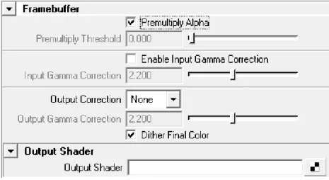 Figure 1.15 shows the Framebuffer interface in the Maya Render Settings window.