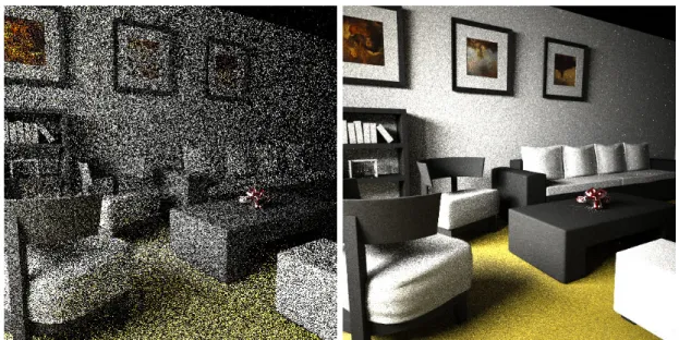 Figure 6.1: Equal time comparison (30s. single core) of path tracing and path tracing with next event estimation
