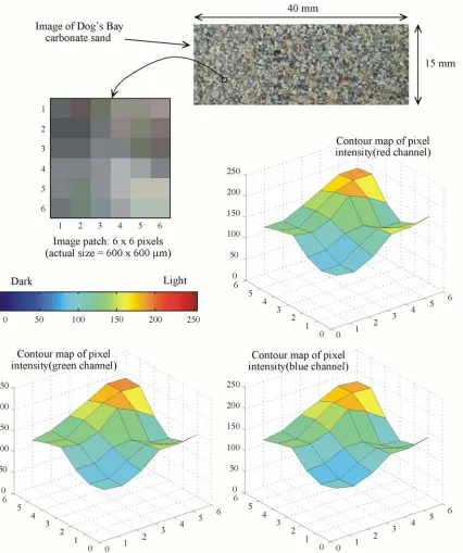 Figure 3.5 Raw image and intensity matrices of a 6 x 6 pixel patch of soil   