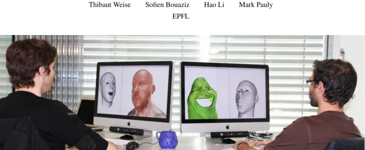 Figure 1: Our system captures and tracks the facial expression dynamics of the users (grey renderings) in realtime and maps them to a digital character (colored renderings) on the opposite screen to enable engaging virtual encounters in cyberspace.