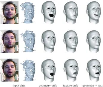 Figure 11: Difficult tracking configurations. Right: despite the occlusions by the hands, our algorithm successfully tracks the rigid motion and the expression of the user