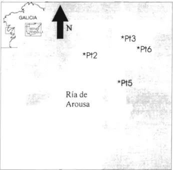 Fig. l .  Geographic location of  the  4 s a m p h g  points  (Pt)  in Spain 