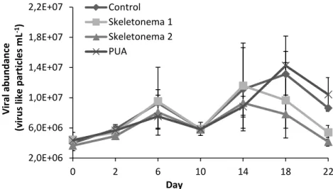 Figure 9. Viral abundance during the experiment. Values are mean ±STDEV. (Paper II). 