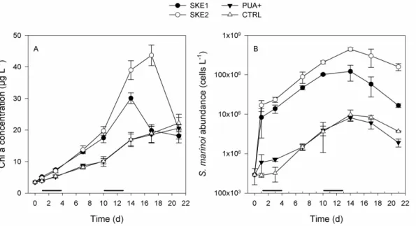 Figure 1. Development of (A) total chlorophyll a concentration and (B) the cell abundance  of Skeletonema marinoi during the time course of the experiment