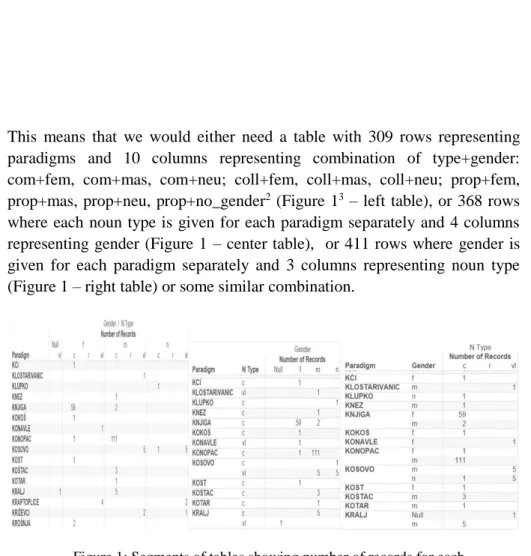 Figure 1: Segments of tables showing number of records for each  paradigm+gender+type variation 