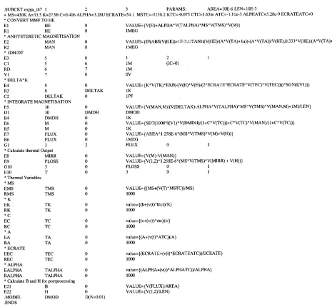 Fig. 8.Spice listing of Jiles–Atherton model extended to include parameter variations with temperature.