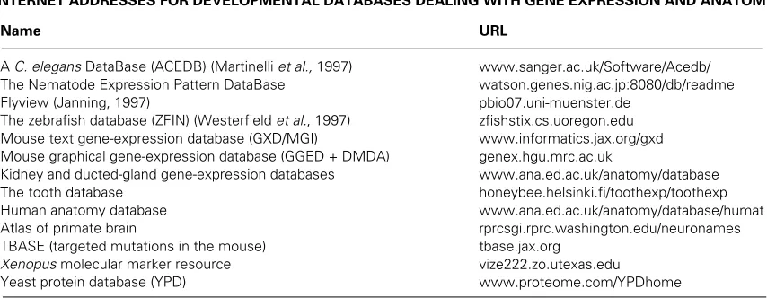 TABLE 1INTERNET ADDRESSES FOR DEVELOPMENTAL DATABASES DEALING WITH GENE EXPRESSION AND ANATOMY