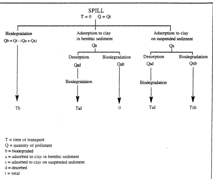 Figure 4 : Multiple pathways for the case of glyphosate. Biodegradation Qb = Qt-(Qa + Qs) SPILL T = 0 Q = QtAdsorption to clay in benthic sediment Qa Desorption Qad Biodesradation BiodegradationQab Tb ITad Adsorption to clay on suspended sedimentQs Desorpt