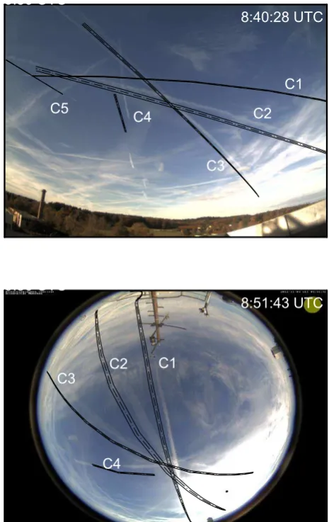 Fig. 11. Top panel: C1 to C5 contrail observations and computedpositions (black lines) in the photo from OP at 08:40:28 UTC
