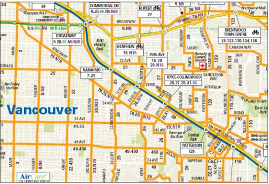 Figure 8: Intersecting rail and bus services in a Vancouver sub-region. 