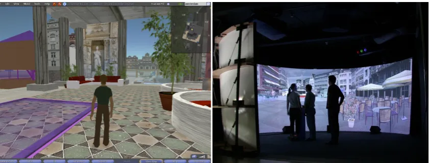 Figure 1a and 1b. A typical screenshot of the virtual world ‘Second Life’ (left) and a presentation in the ‘i-CONE’ of the Fraunhofer Institute for media communication (right).