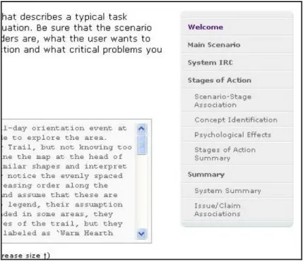 Figure 6. Part of the requirements analysis module. The progress/navigation bar is always visible on the  right side of the screen to show designers where they are in the process