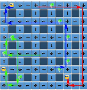 Figure 2 shows one example of initial configuration  for the grid including 3 animats and 10% of bombs  chosen randomly