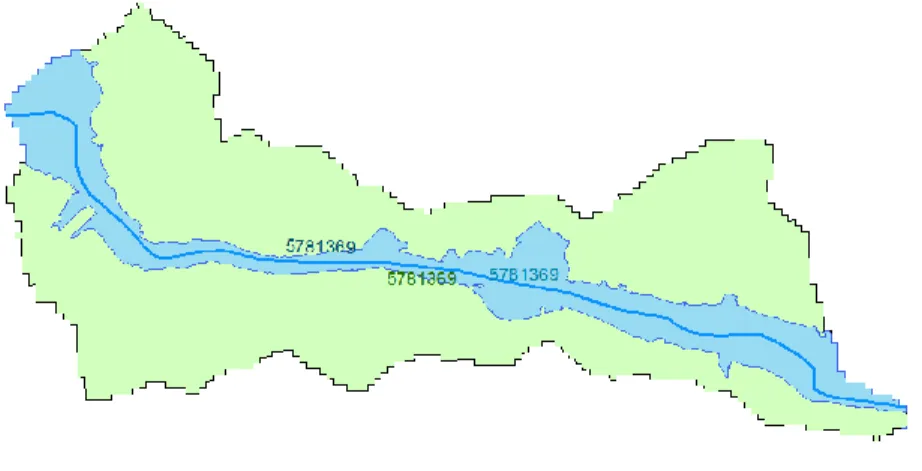 Figure 2.  A reach catchment on Onion Creek with its associated stream reach and flood warning zone  While the reach catchment is a useful unit for localized flow computation and flood warning, a larger  drainage area is need for flood emergency response p