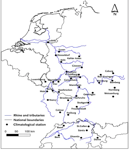 Figure 1.1: Location of Lobith in the Netherlands and the 36 stations in the drainage area of the river Rhine used in this study.