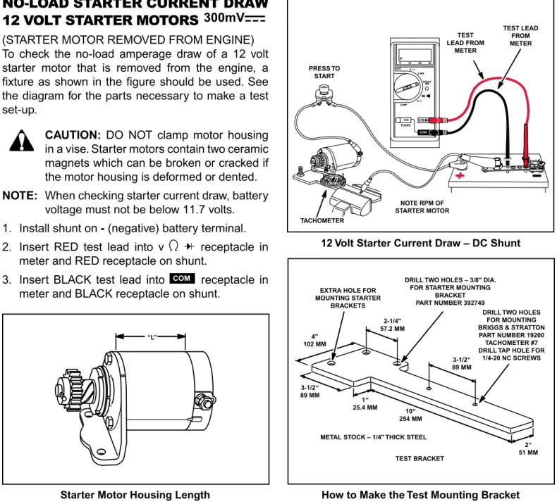 Table 1 for test specifications for starter motor  being tested.