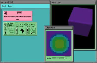 Figure 4. The Waltz work area, showing the data-le module, a grouped-display module (with a slice and surface- surface-display window)
