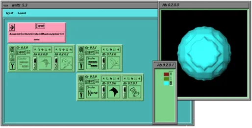Figure 6. The Waltz work area, showing the data-le module, a grouped-display module (with two abstractions: