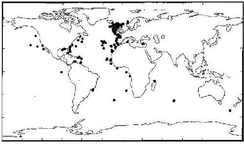 Figure 6 : Distribution of Lophelia (Rogers, A.D. (1999). The biology of Lophelia pertusa and other deep-water reef-forming corals and impacts from human activities