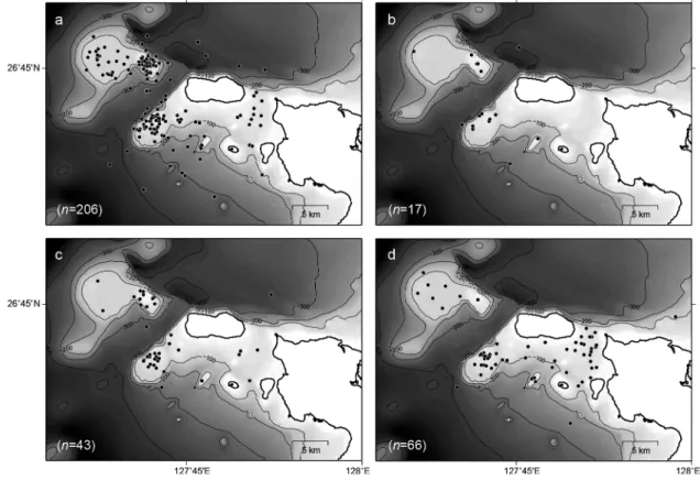 Fig. 3.  Sighting and number of humpback whales in the area of Ie Islands: (a) male: M 0 , (b) singer: Ms, (c) female: F 0 , and (d) female with calf: 