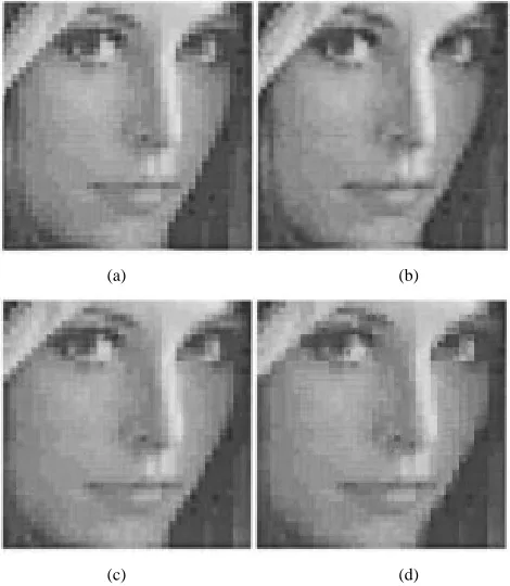 Fig. 7.Face portions of VQ coded (bit rate= = 0:25 bpp) and post-improvedimages of “Lena.” (a) VQ coded (PSNR = 26.53 dB)