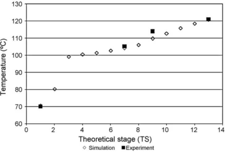 Fig. 4. Temperature proﬁle along the column—experiment versus simulation (experimental conditions—see Table 3).