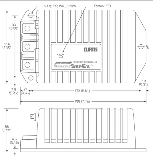 Fig. 2   Mounting  dimensions, Curtis  1243 GEN 2 controller. CL S EP E X 198 (7.78)6.4 (0.25) dia., 3 plcs (2.68)68(4.50)114 173 (6.81)(0.66)17(0.31)7.9(3.88)99 (0.19)4.8 (0.31)7.9STATUSStatus LEDTRACTION CONTROLLERTM