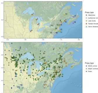 Figure 1. Locations of sites (see Table 1 for upper panel site index) with paleoclimate data used in this paper that span at least 2 centuriesreconstructed from various sources in the northeastern US
