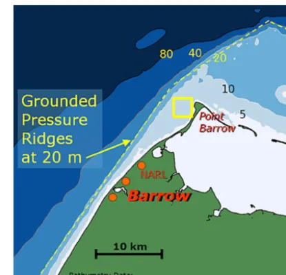 Figure 1. Map of Point Barrow area showing the location (yellowbox) of the UAF sea-ice mass-balance site and permittivity mea-surements in spring 2013 and 2014