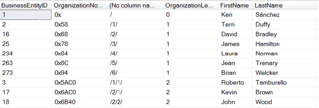 Figure 7. The unnamed column here shows the text version of the OrganizationNode column
