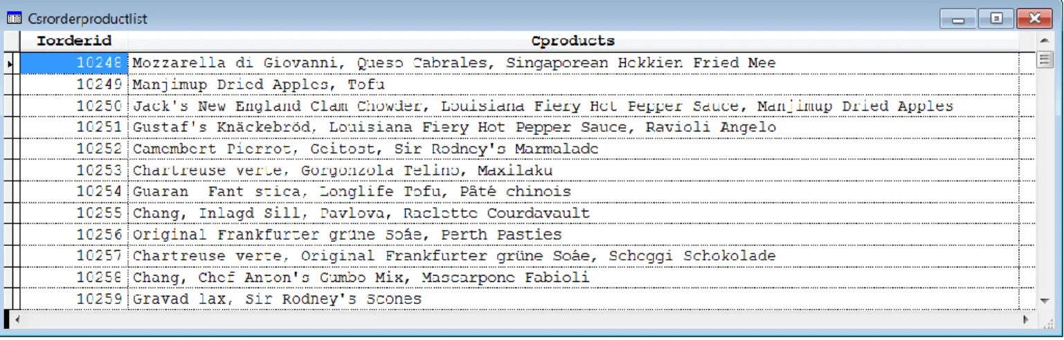 Figure 1. This cursor includes each order from the Northwind database with a comma-separated list of the  products ordered