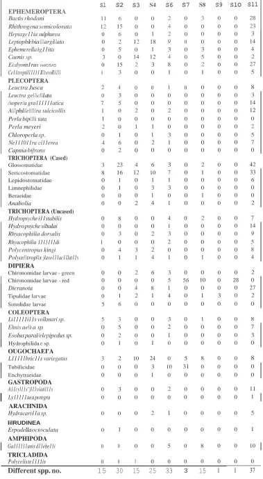 TABLE 4.  S2 S3 S4 EPHEMERInvertebrate analysis of the Avoca catchment, June 1992.SlOPTERA  