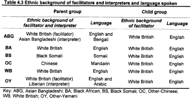 Table 4.3 Ethnic background of facilitators and interpreters and language spoken