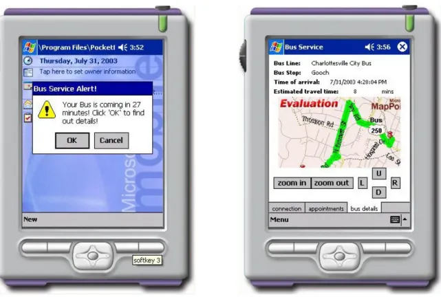 Figure 2: Screenshots of UVaBus.NET.  The left image shows a bus alert.  The right image shows a map with  the highlighted route from the user’s current destination to the departure bus stop