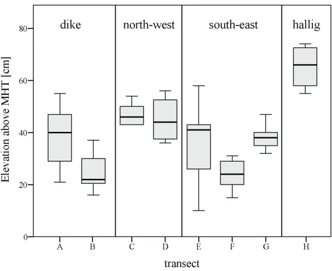 Figure 3:   Differences  in  the  mean  elevation of the 8 transects during set-up of the experiment in 1995