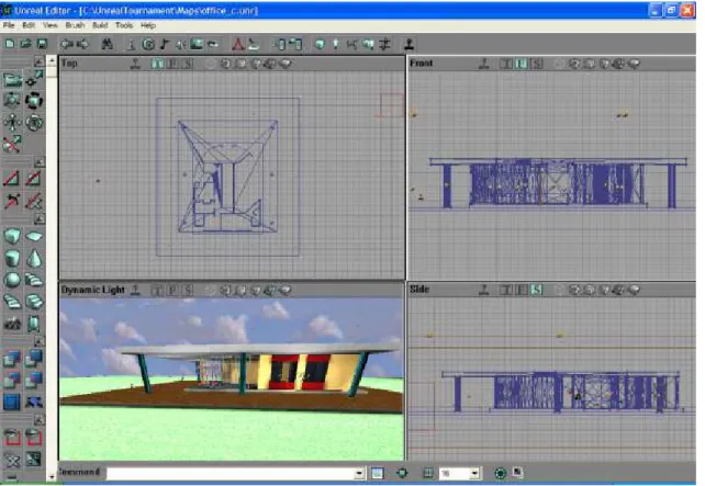 Figure 2: The UnrealEd 2.0 user interface showing the virtual office under development 